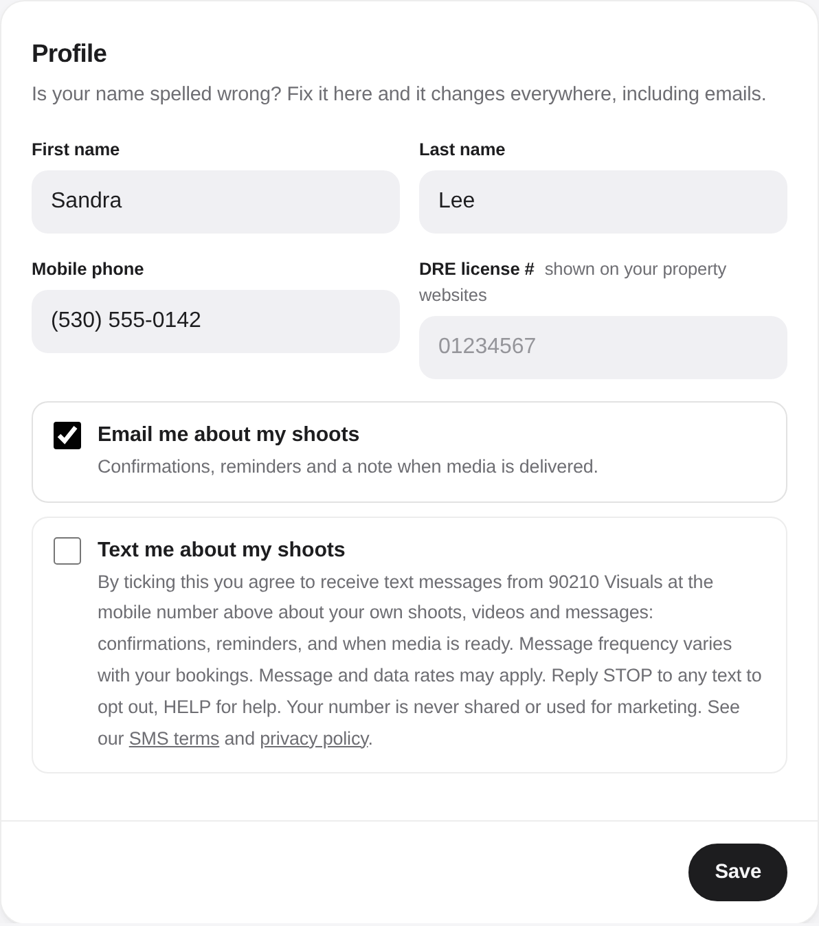 The My account page of the client portal: a mobile phone field, an unchecked box labelled Text me about my shoots with its disclosure, and a Save button